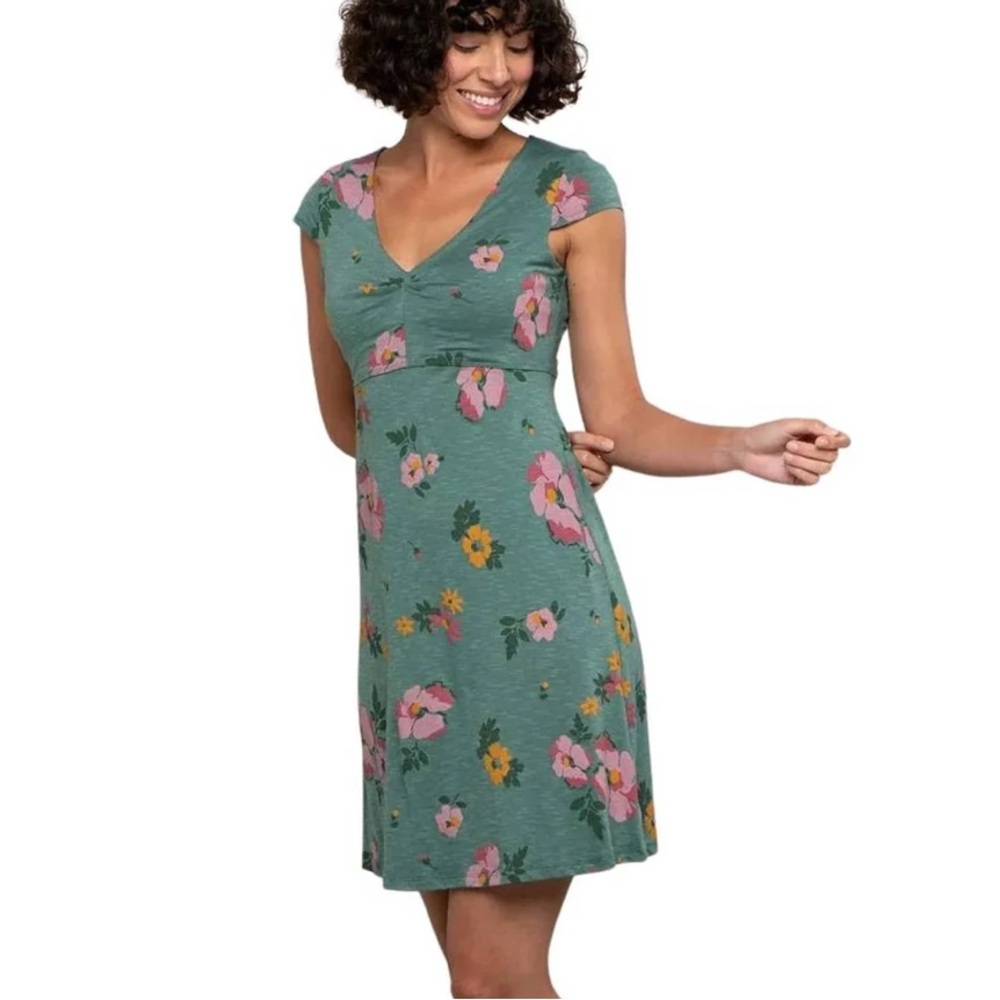 Toad&Co | AMELIA SHORT SLEEVE DRESS BLACK FLOWER PRINT  women’s L - Picture 2 of 12